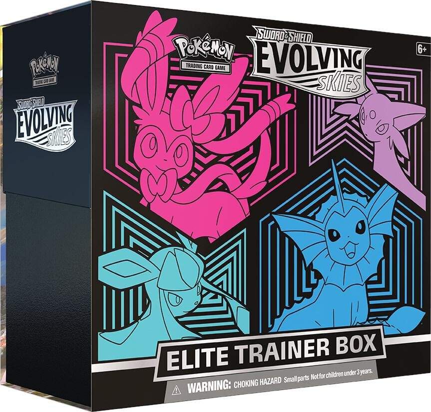 Pokémon TCG Sword & Shield Evolving Skies Elite Trainer Box – Glaceon & Vaporeon ETB with 8 Booster Packs, Card Sleeves, Energy Cards, Accessories – Pokémon Cards Pack, Deck & Collection Box