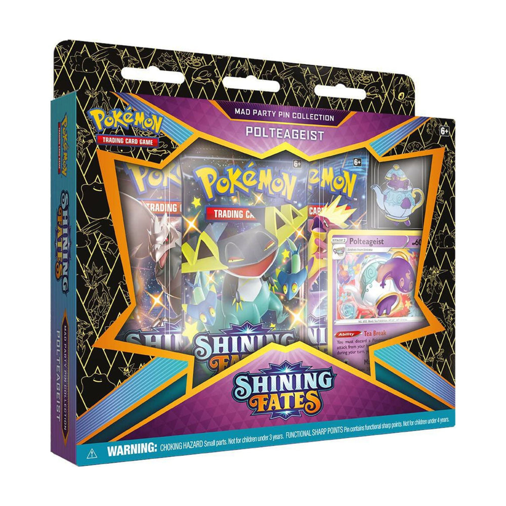 Pokemon TCG Shining Fates Mad Party Pin Collection Polteageist Cards Packs Set